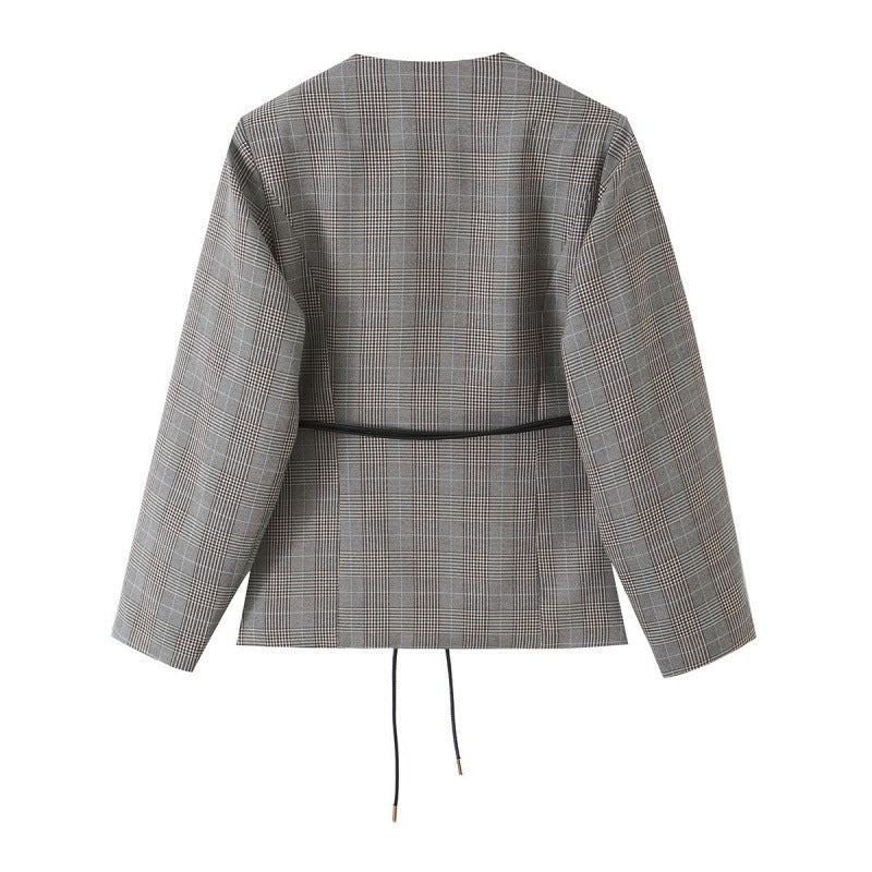 Damen Taillierte Glencheck-Blazerjacke mit V-Ausschnitt und Bindegürtel Nord Taschen