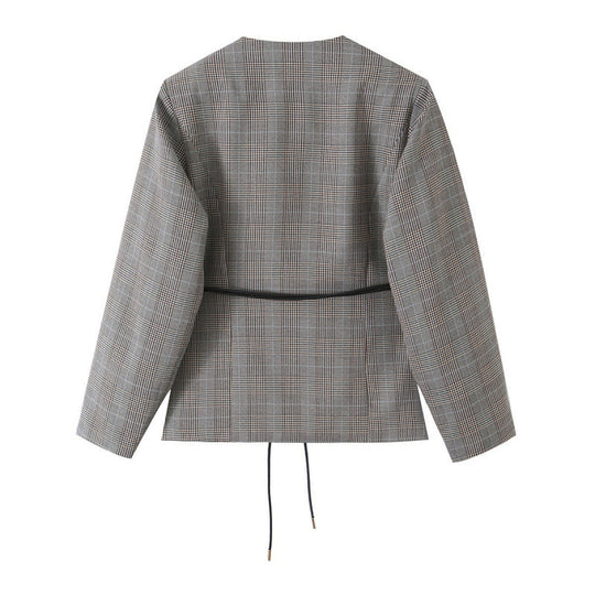Damen Taillierte Glencheck-Blazerjacke mit V-Ausschnitt und Bindegürtel Nord Taschen