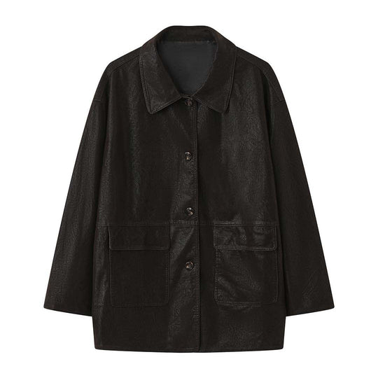 Damen Oversize Kunstleder-Hemdjacke mit breitem Kragen und Pattentaschen Nord Taschen