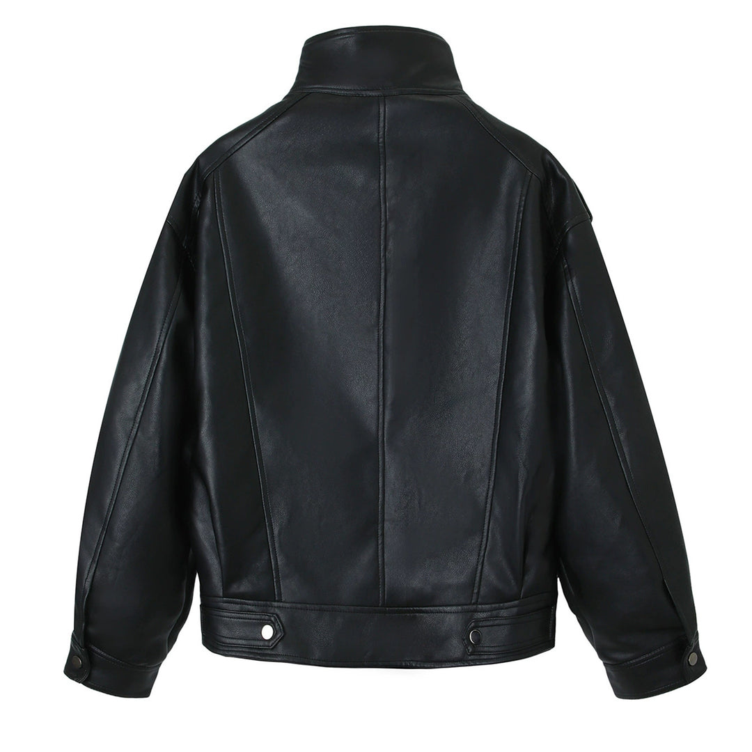 Damen Oversized-Lederjacke mit hohem Stehkragen und Schulterpatten Nord Taschen
