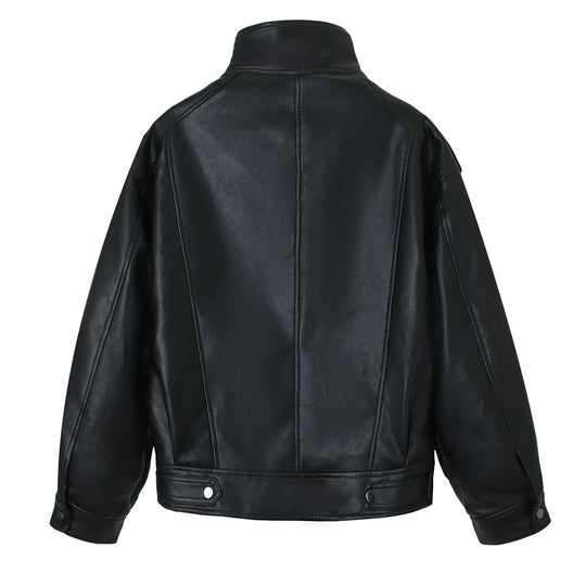 Damen Oversized-Lederjacke mit hohem Stehkragen und Schulterpatten Nord Taschen