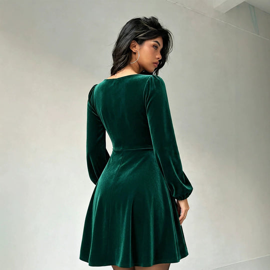 Damen elegantes Samt-Knotenkleid mit V-Ausschnitt, taillierter Empire-Silhouette und Ballonärmeln Nord Taschen