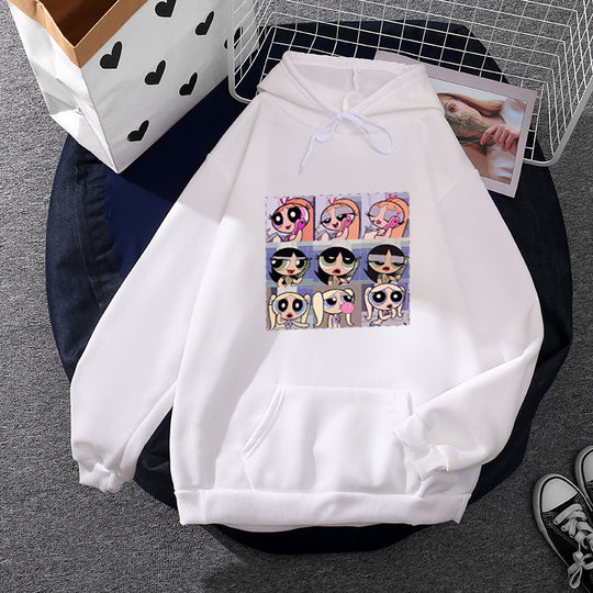 Damen nan lässiger Kapuzenpullover mit quadratischem Cartoon-Collageprint weiches Fleece Innenfutter und aufgesetzter Kängurutasche Nord Taschen