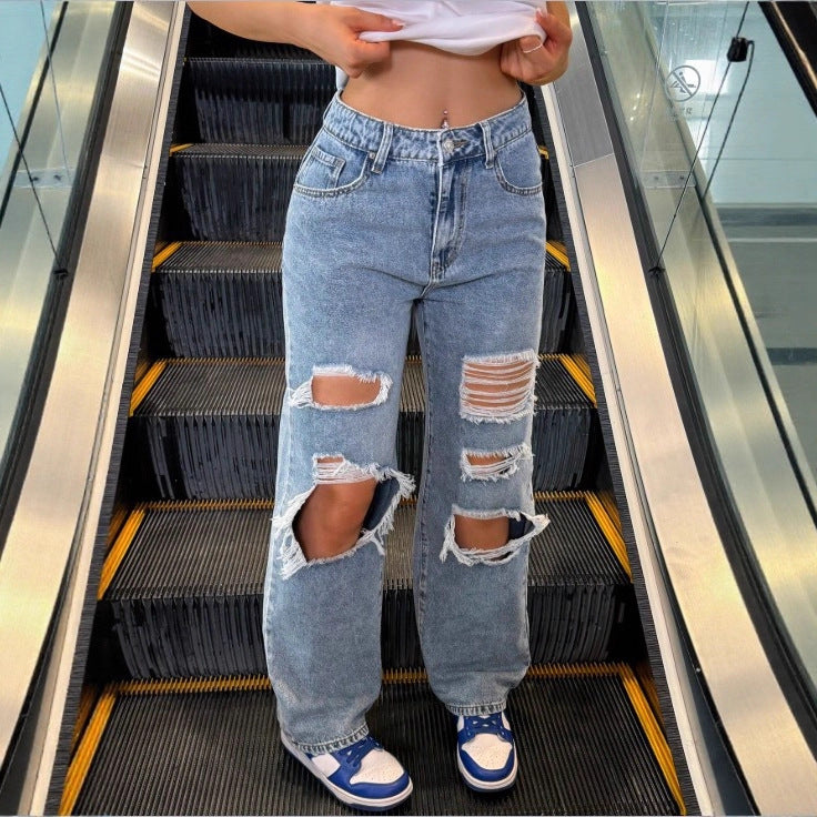 Damen High‑Waist Baggy-Jeans mit großflächigen Knie-Rips und geradem Bein Nord Taschen