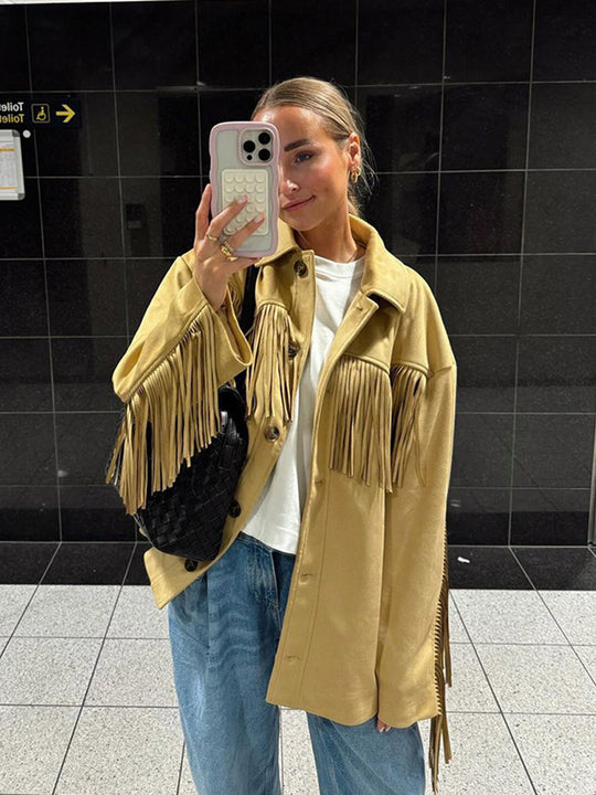 Damen Oversize Fransenjacke im Westernstil aus Veloursleder-Optik mit Hemdkragen Nord Taschen