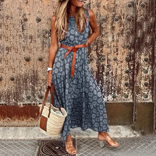 Damen Bohemian Maxi Kleid mit verstellbarem Gürtel