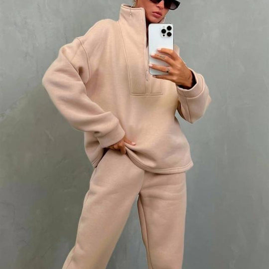 Damen lässiges Fleece-Set mit halbem Reißverschluss und weitem Schnitt
