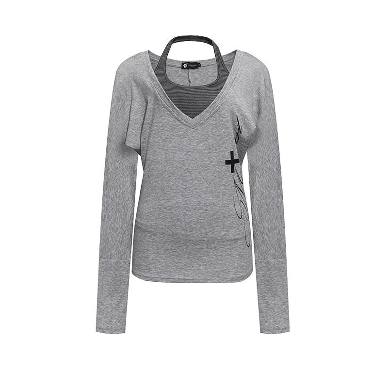 Damen Lagen-Langarmshirt mit tiefem V-Ausschnitt, Neckholder-Innenlayer und seitlichem Script-Print Nord Taschen