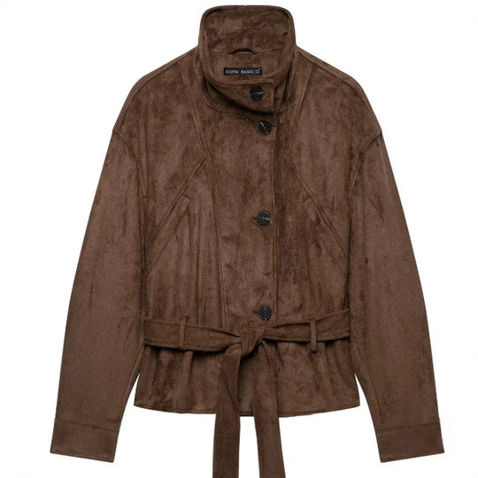 Damen Kurzjacke aus Veloursimitat mit Stehkragen und Taillengürtel Nord Taschen