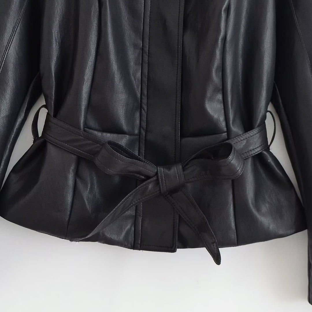 Damen Taillierte Lederoptik-Jacke mit Bindegürtel und Ballonärmeln Nord Taschen