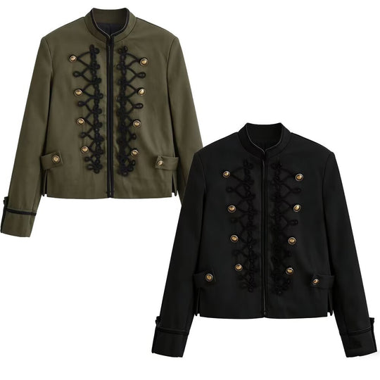 Damen Militärinspirierte Kurzjacke mit Stehkragen, Zierkordeln und Goldknöpfen Nord Taschen