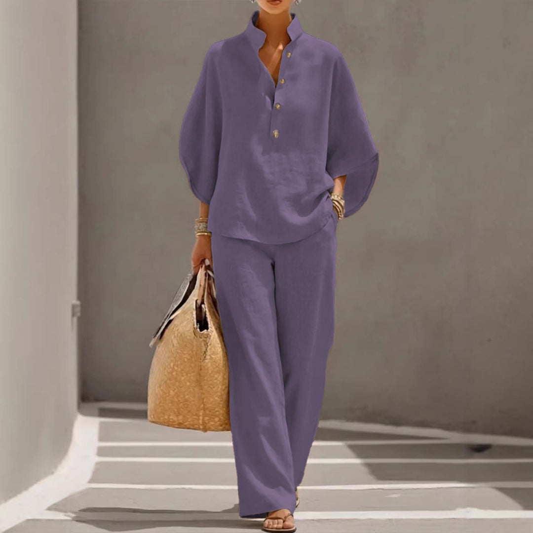 Damen Leichtes Leinen-Loungewear-Set mit Stehkragen Knopfleiste und weitem Marlene-Schnitt Nord Taschen