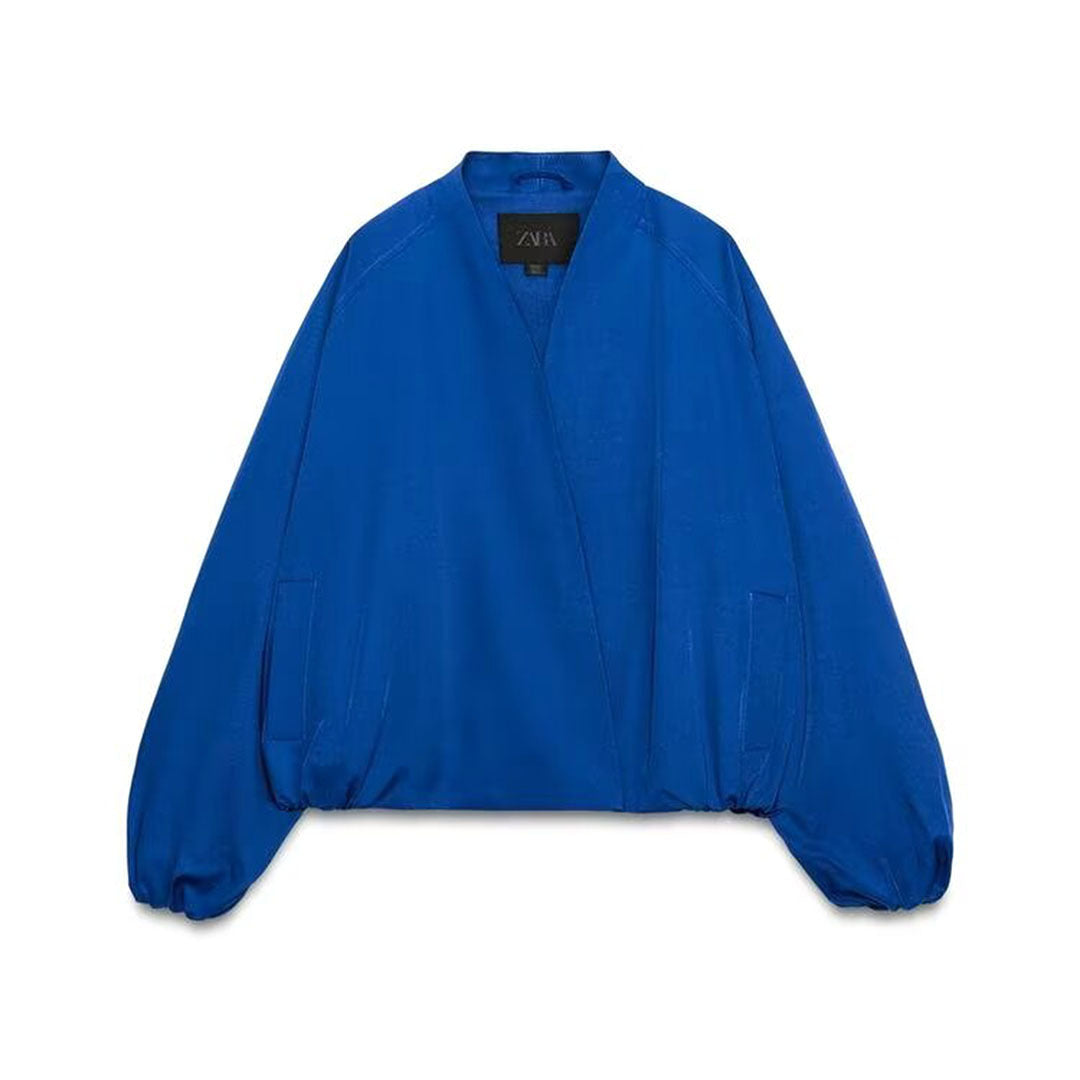 Damen Kurzjacke im Bomberstil mit Kimono-Kragen, Ballonärmeln und elastischem Saum Nord Taschen