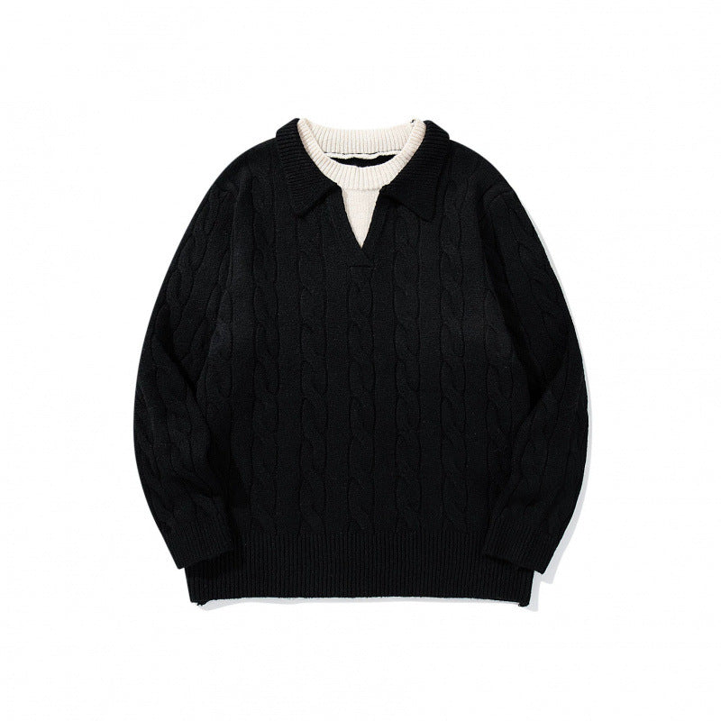 Herren Grobgestrickter Zopfmuster-Pullover mit Polokragen und V‑Ausschnitt Nord Taschen