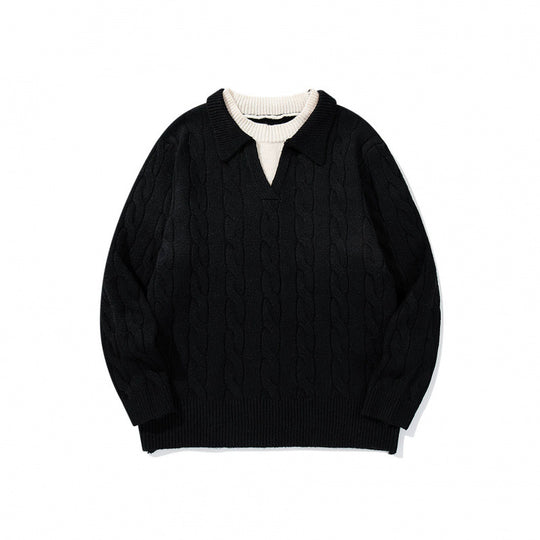 Herren Grobgestrickter Zopfmuster-Pullover mit Polokragen und V‑Ausschnitt Nord Taschen