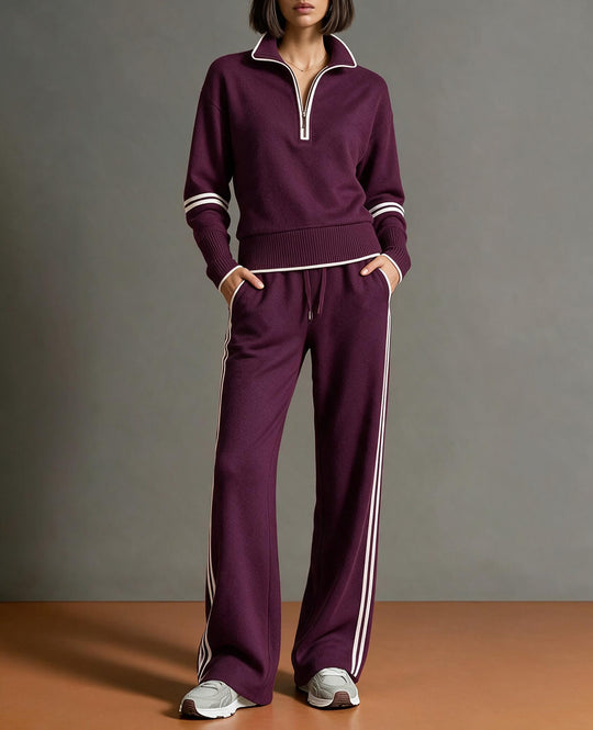 Damen Komfortables Strick-Jogging-Set mit Stehkragen, halbem Reißverschluss und Kontraststreifen Nord Taschen