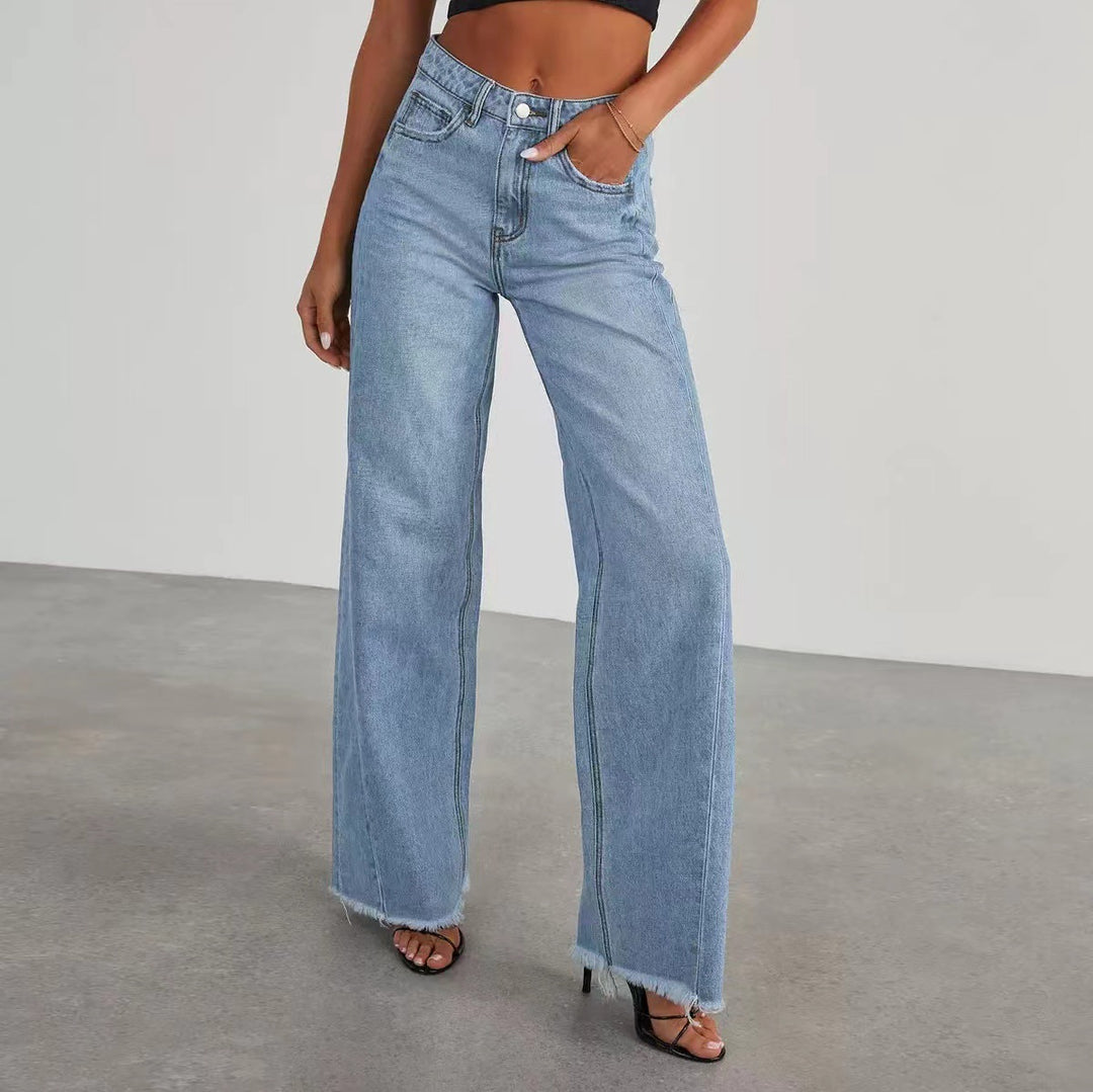 Damen Jeans mit hoher Taille und weitem Bein sowie ausgefranstem Saum Nord Taschen