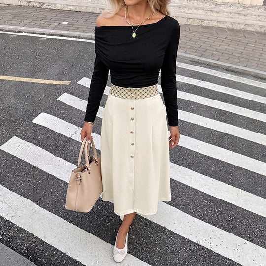 Damen Elegante Off-Shoulder Bluse und Midi-Rock Set Nord Taschen