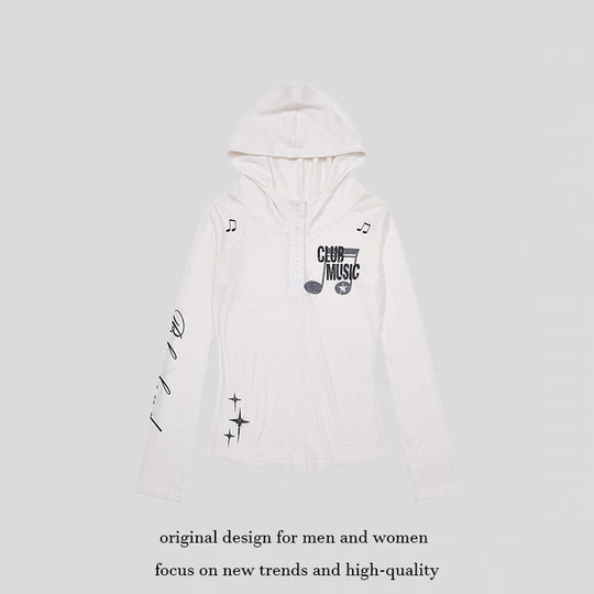 Damen Leichtes Langarm-Hoodie-Henleyshirt mit Knopfleiste, Kapuze und Music-Print Nord Taschen