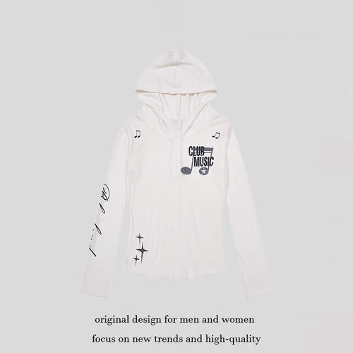Damen Leichtes Langarm-Hoodie-Henleyshirt mit Knopfleiste, Kapuze und Music-Print Nord Taschen