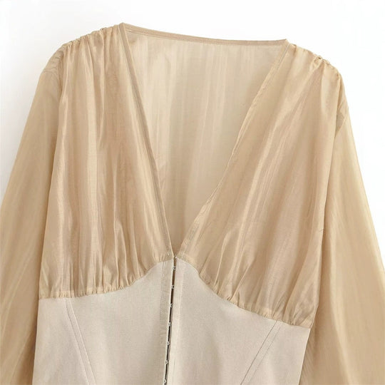 Damen Cropped Chiffon-Bluse mit tiefem V-Ausschnitt und tailliertem Korsettbund Nord Taschen