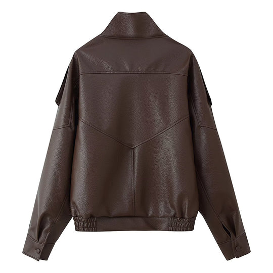 Damen Oversize Kunstlederjacke mit Hemdkragen und elastischem Saum Nord Taschen