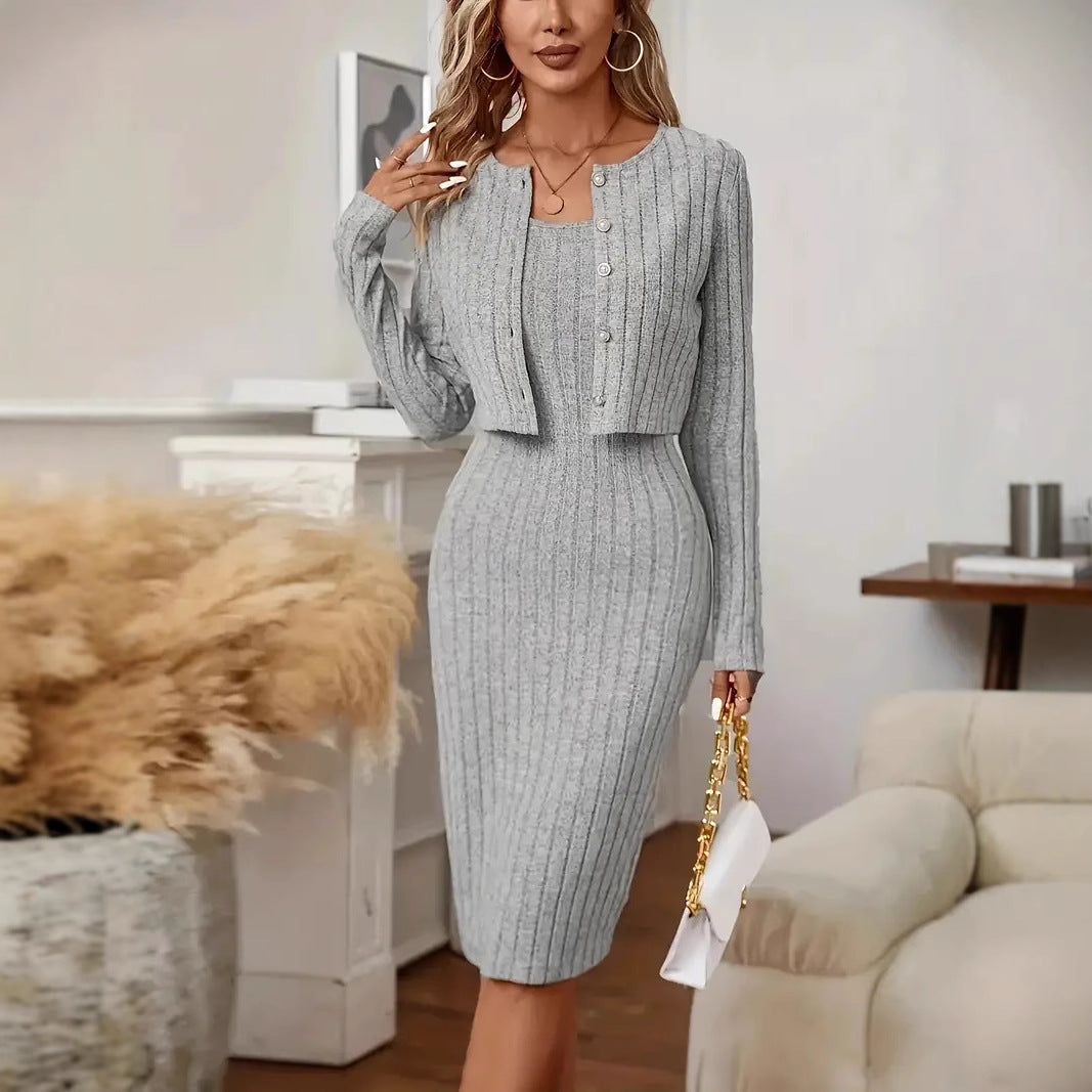 Damen Geripptes Strick‑Midikleid mit passender Kurzjacke Nord Taschen