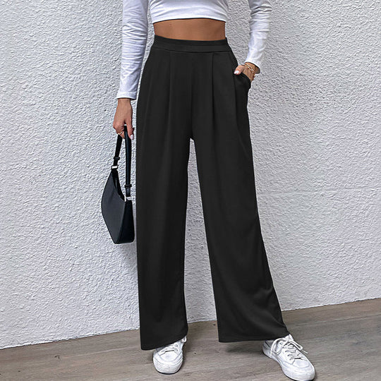 Damen hochtaillierte weite Hose mit Vorderfalten, elastischem Bund und Seitentaschen Nord Taschen