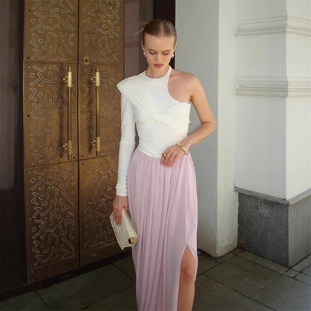 Damen Asymmetrisches One-Shoulder Maxikleid mit drapiertem Oberteil, langem Plissee‑Rock und Beinschlitz Nord Taschen