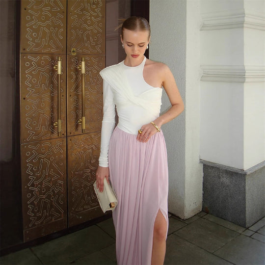 Damen Asymmetrisches One-Shoulder Maxikleid mit drapiertem Oberteil, langem Plissee‑Rock und Beinschlitz Nord Taschen