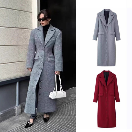 Damen Longline-Wollmixmantel mit Schalkragen und Pattentaschen Nord Taschen