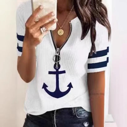 Damen Sportliches T-Shirt mit Reißverschluss und maritimen Motiven