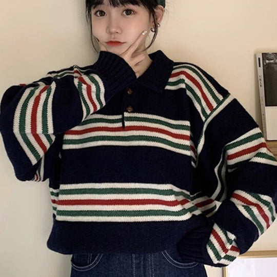 Damen Oversize Polokragen-Strickpullover mit maritimen Blockstreifen und kastiger Cropped-Silhouette Nord Taschen