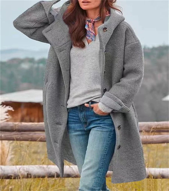 Damen Bouclé-Kapuzenmantel im Oversize-Schnitt mit verdeckter Knopfleiste Nord Taschen