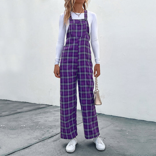 Damen Lässiger Karierter Jumpsuit mit breitem Bein und verstellbaren Trägern Nord Taschen