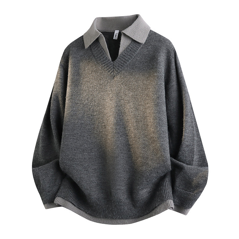 Unisex Lässiger Strukturstrick-Pullover mit offenem Polokragen und tiefem V-Ausschnitt Nord Taschen