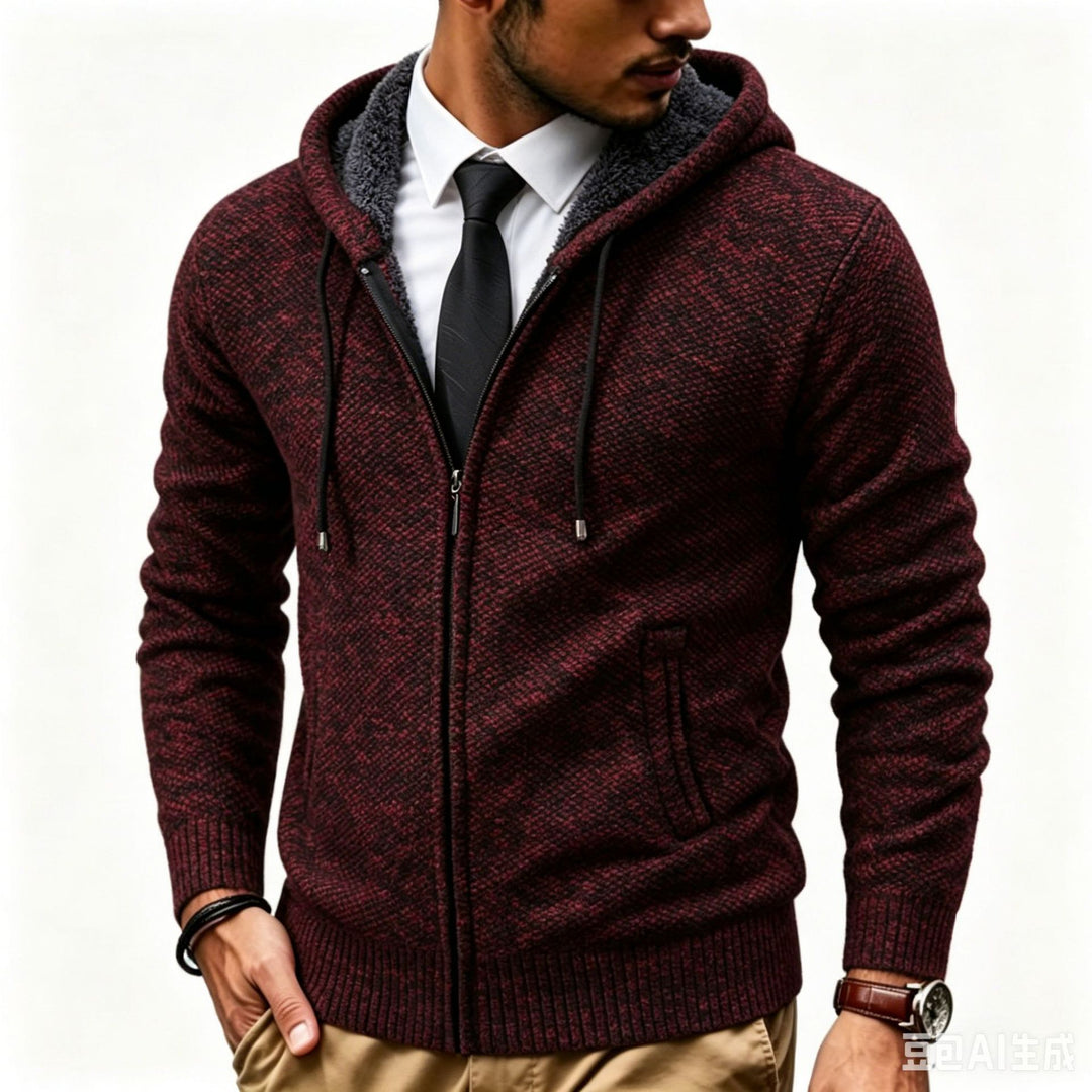 Herren Kapuzen-Strickjacke mit Teddyfutter und durchgehendem Reißverschluss Nord Taschen