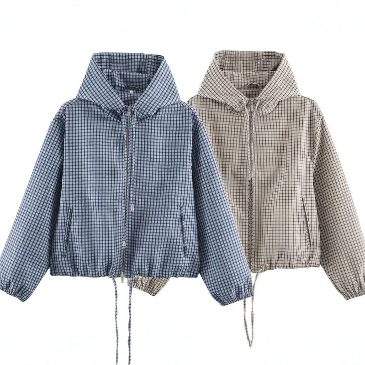 Damen Karierte Cropped Kapuzenjacke mit Tunnelzugsaum und Zwei‑Wege‑Reißverschluss Nord Taschen