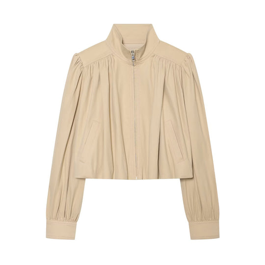 Damen Leichte Cropped Jacke mit gerafften Schultern, Stehkragen und Reißverschluss Nord Taschen
