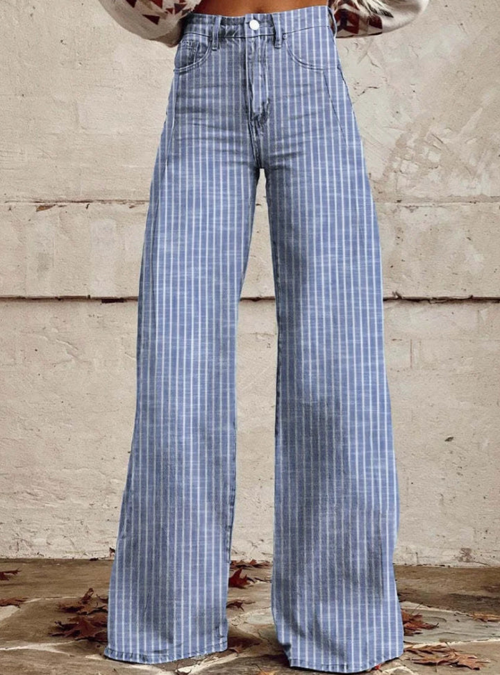 Damen weite Hose mit hohem Bund in Leinenoptik und vertikalen Nadelstreifen Schlaghose Nord Taschen