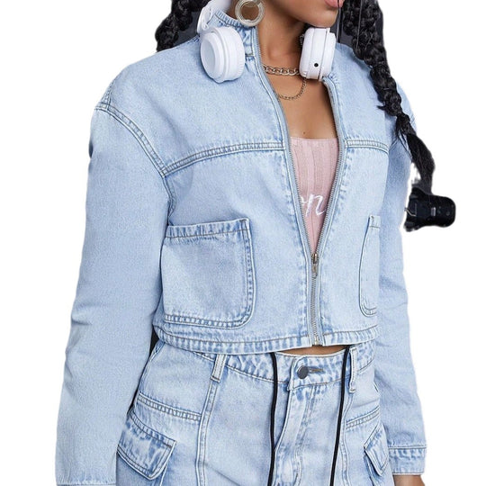 Damen Cropped-Denim-Set bestehend aus kurzer Jeansjacke und High-Waist Cargo-Jeans Nord Taschen