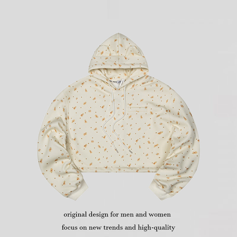 Damen Cropped Kapuzen-Sweatshirt mit Allover-Blumenprint, Brusttasche und gerafftem Saum Nord Taschen