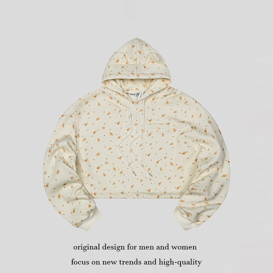 Damen Cropped Kapuzen-Sweatshirt mit Allover-Blumenprint, Brusttasche und gerafftem Saum Nord Taschen