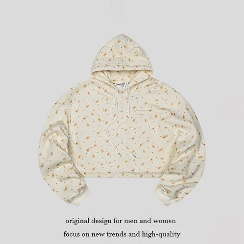 Damen Cropped Kapuzen-Sweatshirt mit Allover-Blumenprint, Brusttasche und gerafftem Saum Nord Taschen