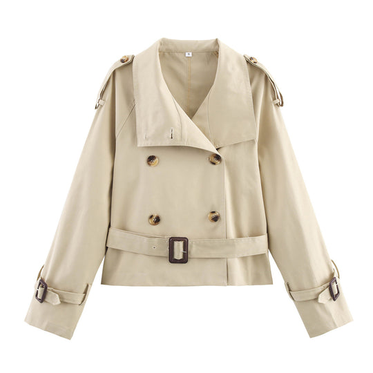 Damen Kurz-Trenchjacke mit Doppelreihe, Stehkragen, Schulterklappen und Taillengürtel Nord Taschen