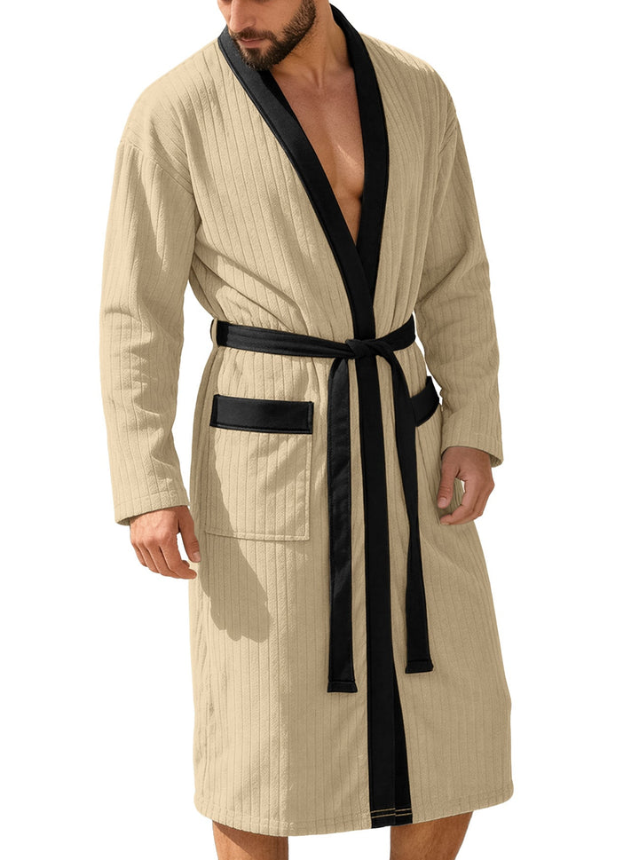Herren nan wadenlanger Rippen-Bademantel im Kimono-Stil mit Schalkragen und Kontrastpaspel
