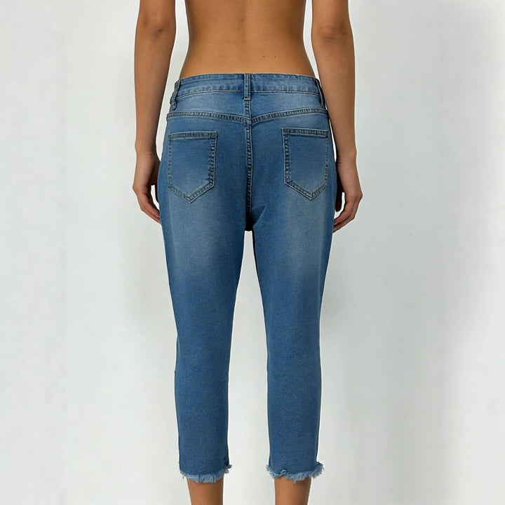 Damen schmale knöchellange Jeans mit rohem Fransenabschluss und mittelhoher Taille Nord Taschen