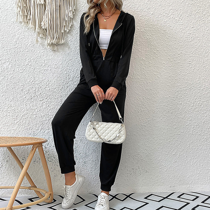 Damen Kapuzen-Jumpsuit mit Reißverschluss, elastischer Taillenpassform & Joggerbündchen Nord Taschen