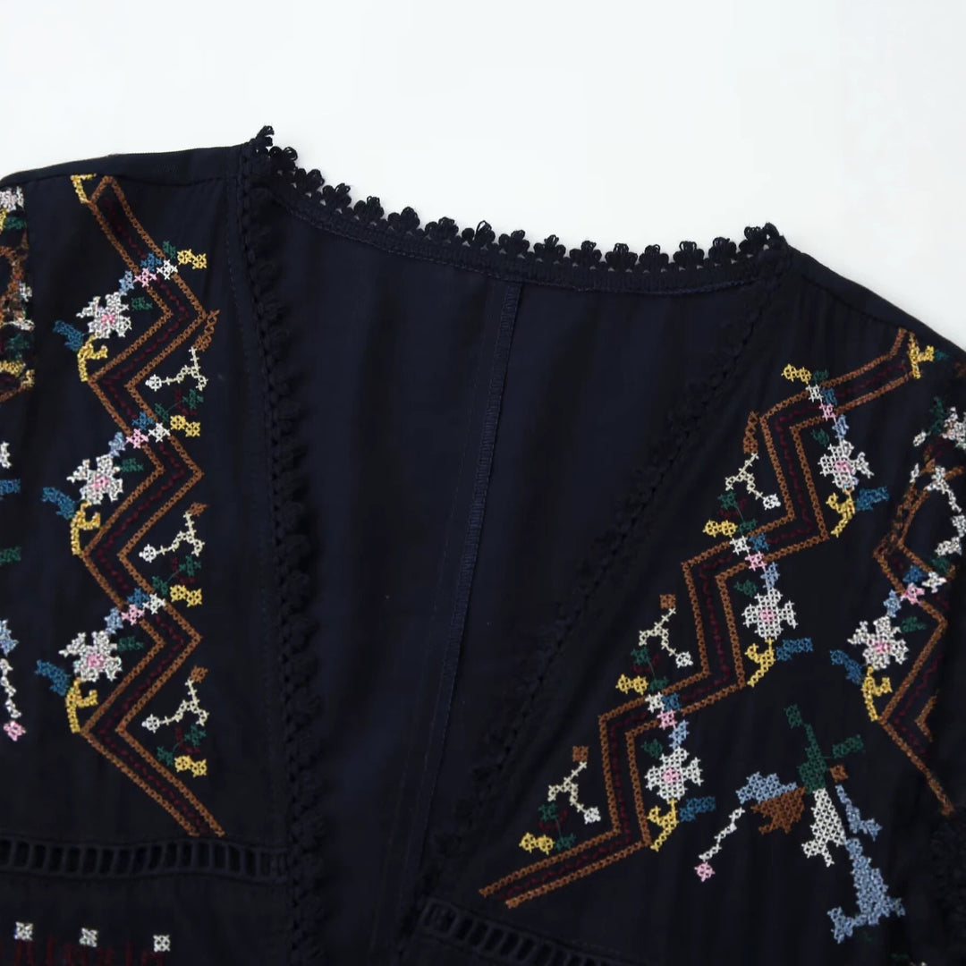 Damen Bestickte Boho-Kimono-Jacke mit Bindeband und Häkelbesatz Nord Taschen