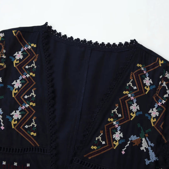 Damen Bestickte Boho-Kimono-Jacke mit Bindeband und Häkelbesatz Nord Taschen